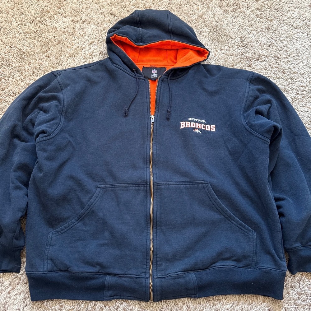 Vintage Denver Broncos Reebok NFL Heavy Full Zip Hoodie Navy Blue Mens Large